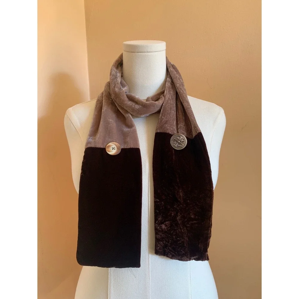 Vintage Two Tone Velvet Scarf Brown Tan Button Detail Accessory